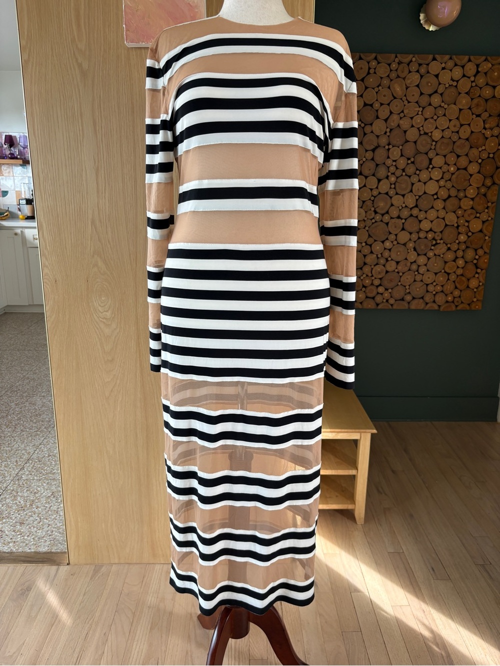 Norma Kamali Beige, Black & White Striped Long-Sleeve Maxi Dress